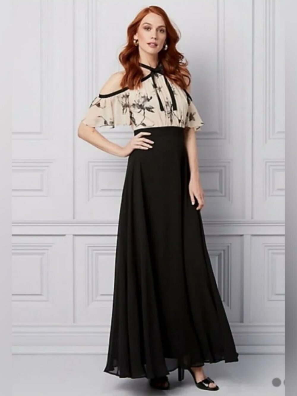 Le Chateau Black Cream Floral Print Chiffon Gown Womens 4